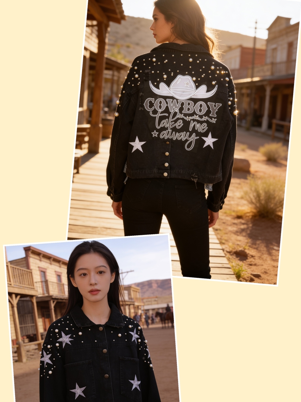 Black Embellished Cowboy Graphic Denim Jacket